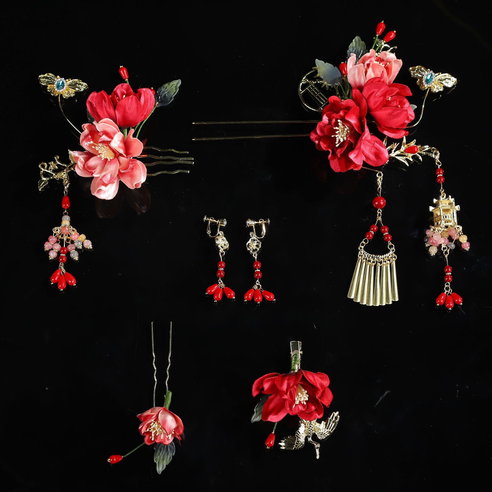 新款中式汉服新娘头饰套装流苏龙凤褂霞帔发饰结婚红色古装秀禾服