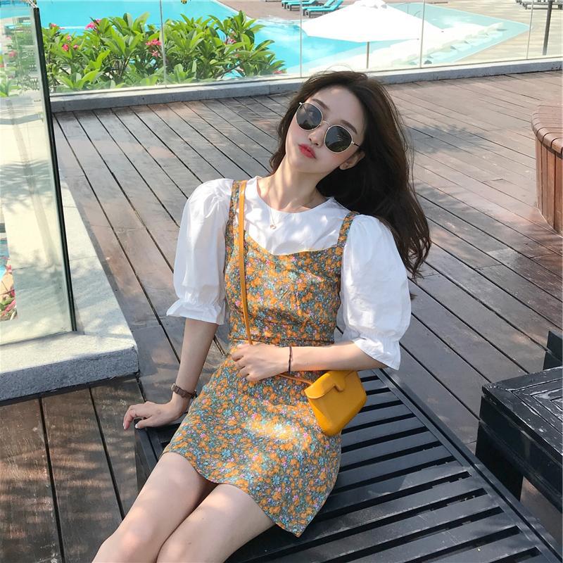 两件套装2021年新款潮大码女装夏季碎花背带连衣裙子