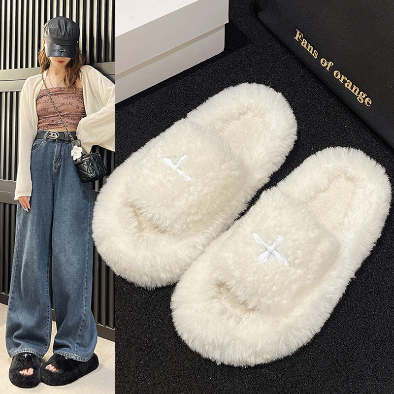 轻柔羊羔毛韩式ins一字毛毛拖鞋2023年秋冬款简约金属十字毛拖鞋