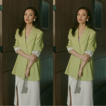 倪妮流金岁月同款气质浅绿色春小西装外套 白色开叉不规则半身裙
