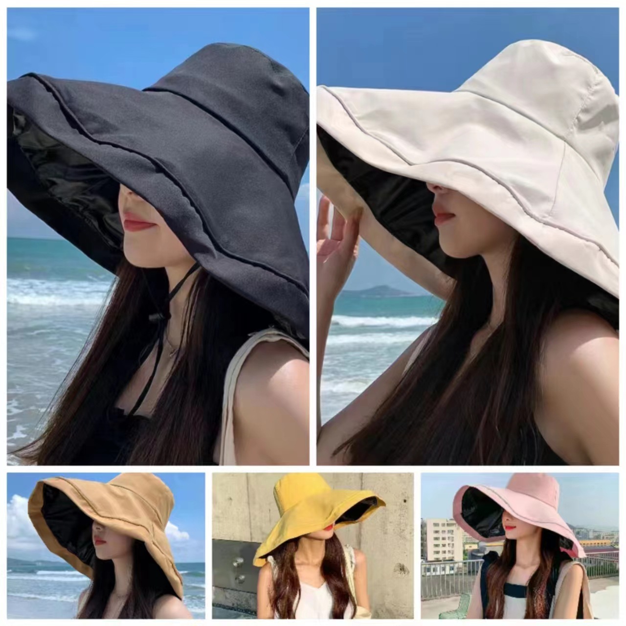 Women's Wide Brim Vinyl Uv-Proof Sun Hat Folding Summer Outing Beach Hat Bucket Hat Versatile Korean Style