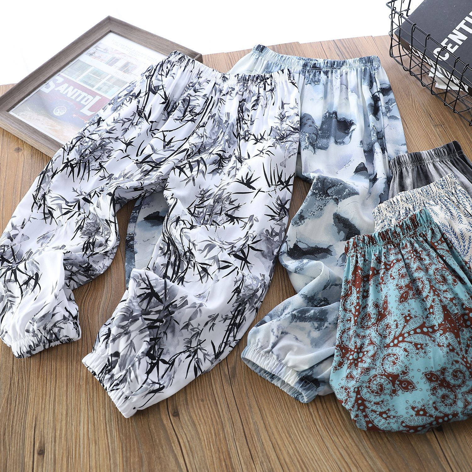 2024夏季儿童人造棉裤子男女中大童绵绸防蚊裤薄棉国风碎花家居裤