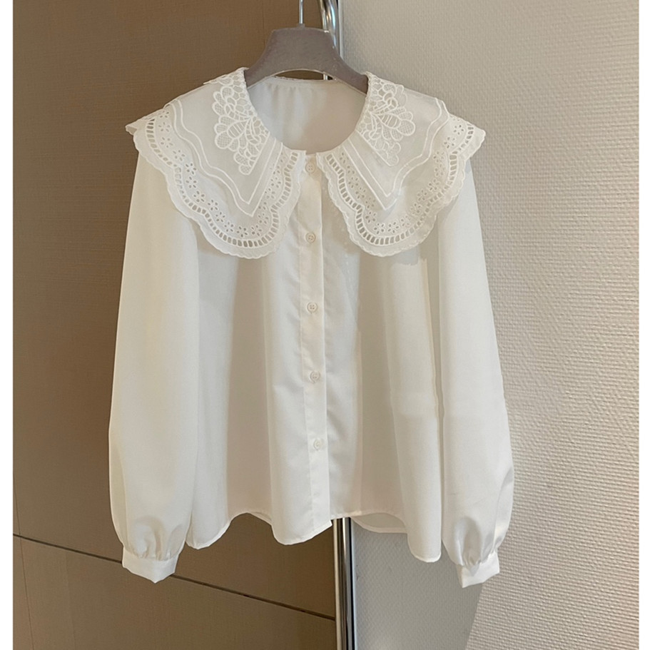 White Doll Collar Shirt for Women 2023 Spring and Autumn New French Style Design Niche Shirt Crocheted Lace Collar Top