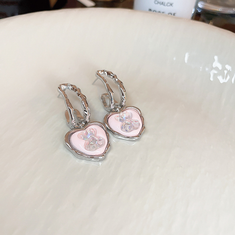 Silver Needle Pink Girl's Heart Pleated Love Heart Flowers Opal Pearl Earrings Fashion Earrings High-Grade Earrings