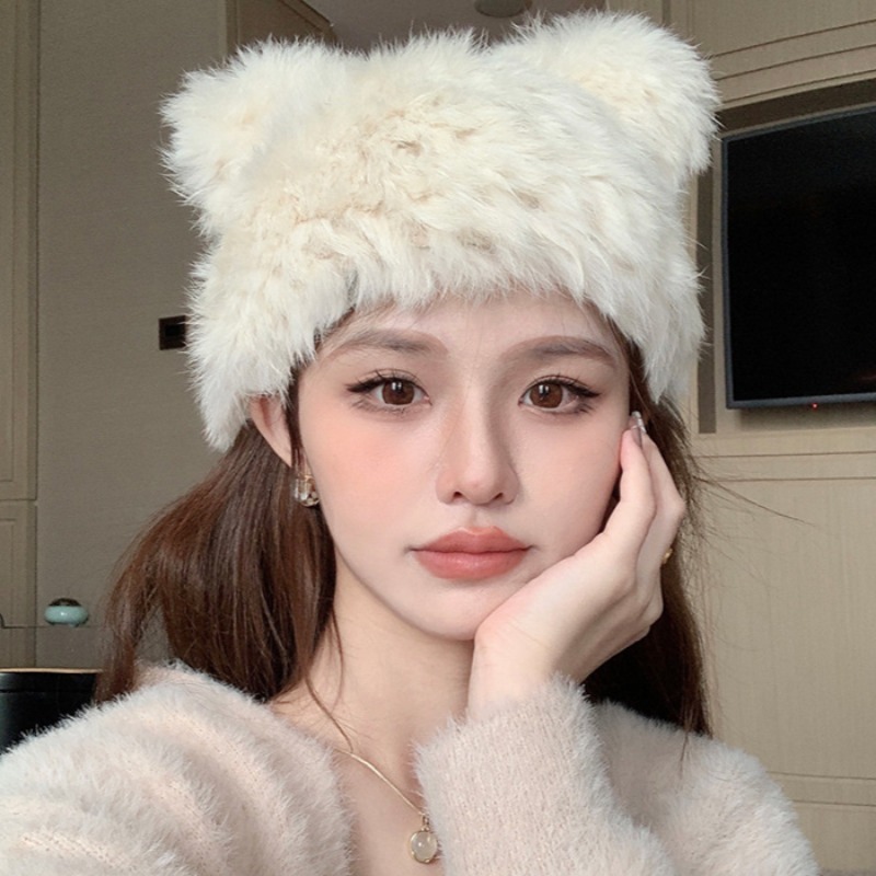 熊耳朵真兔毛帽子女秋冬毛线帽加厚防寒保暖毛绒皮草毛毛帽冬
