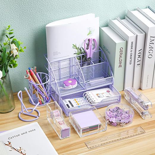 Cross-Border Direct Supply Purple Desktop Accessories Set Metal Storage Rack Stapler Tape Seat Nail Puller Cross-Border Set