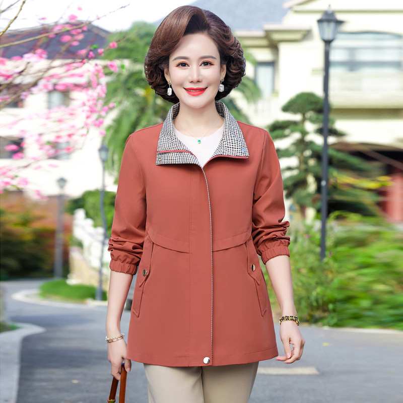 秋季新品妈妈装短款风衣薄外套40岁中老年女装纯色翻领拉链款夹克