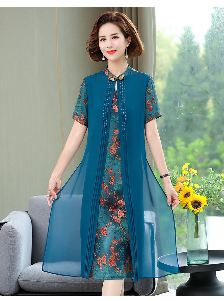 妈妈装夏季改良旗袍裙大码女装印花连衣裙中老年女夏装假两件长裙