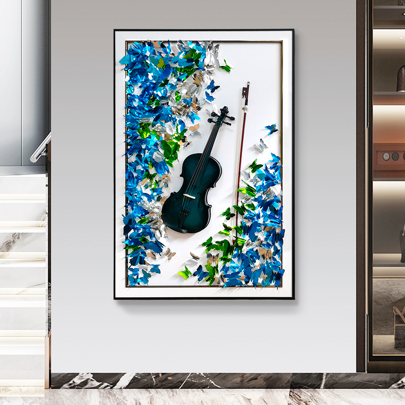 小提琴挂画手工立体蝴蝶皮革玄关走廊过道装饰画高档大气壁画