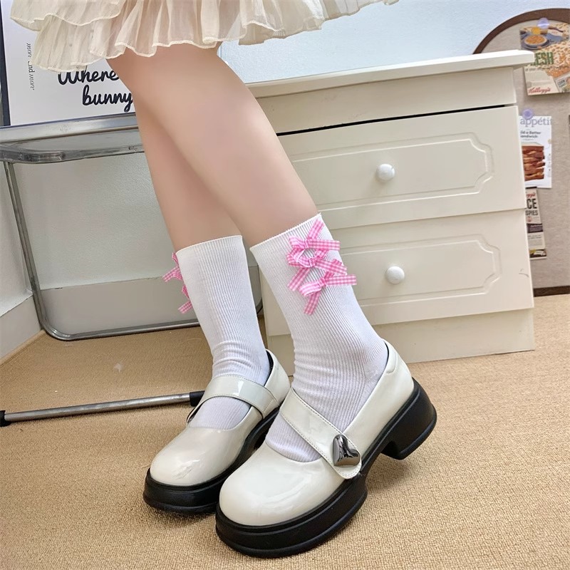 代发格子jk中筒袜女少女蝴蝶结小腿袜精致学生袜舒适白袜女堆堆袜