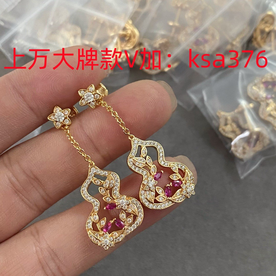 925纯银麒麟花藤葫芦耳钉镀18k金长款绿宝石红宝石流苏葫芦耳环