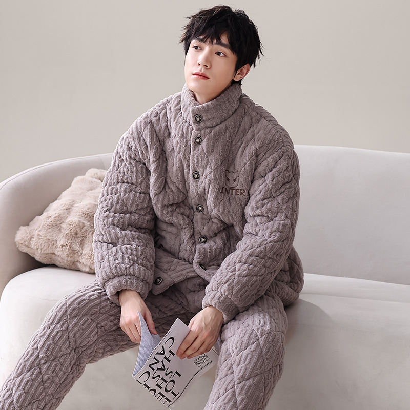 超四斤秋冬季男士睡衣三层夹棉加厚保暖珊瑚绒法兰绒家居服套装