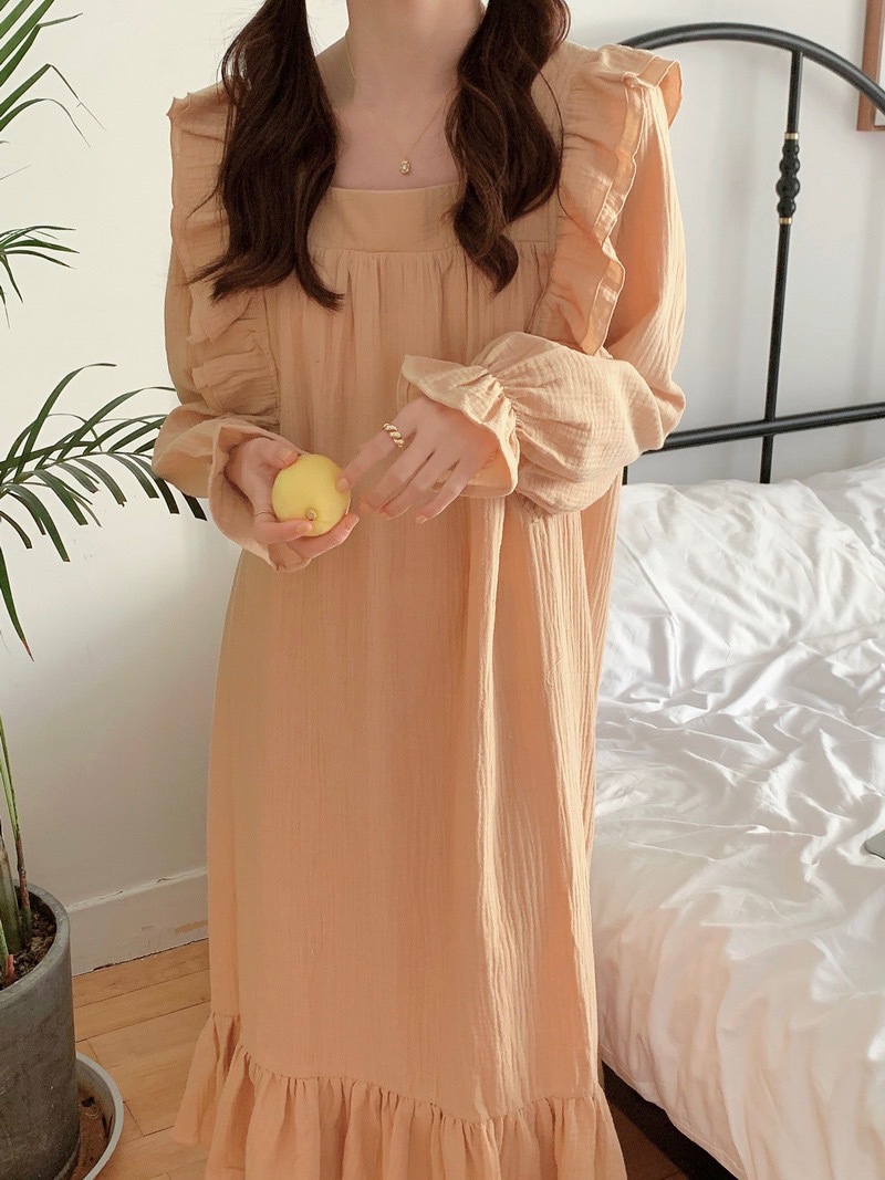 2023 Spring New Korean Style Minimalist Square Collar Lace Long-Sleeved Dress Cotton Yarn Women's Nightdress Home Wear