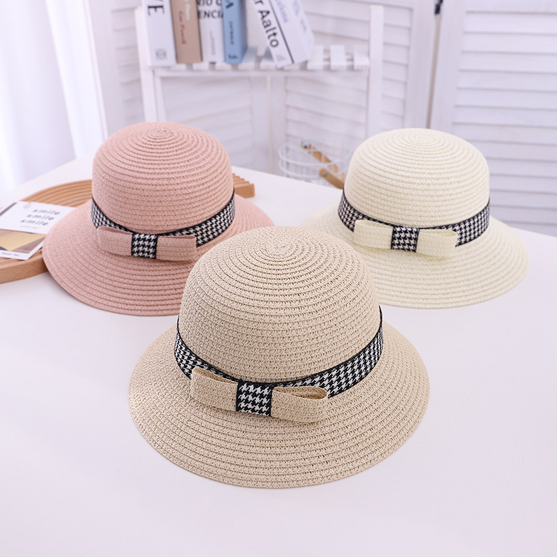 Summer Children's Travel Star Same Style Straw Hat Parent-Child Houndstooth Bucket Hat Sunshade Foldable Baby Beach Hat