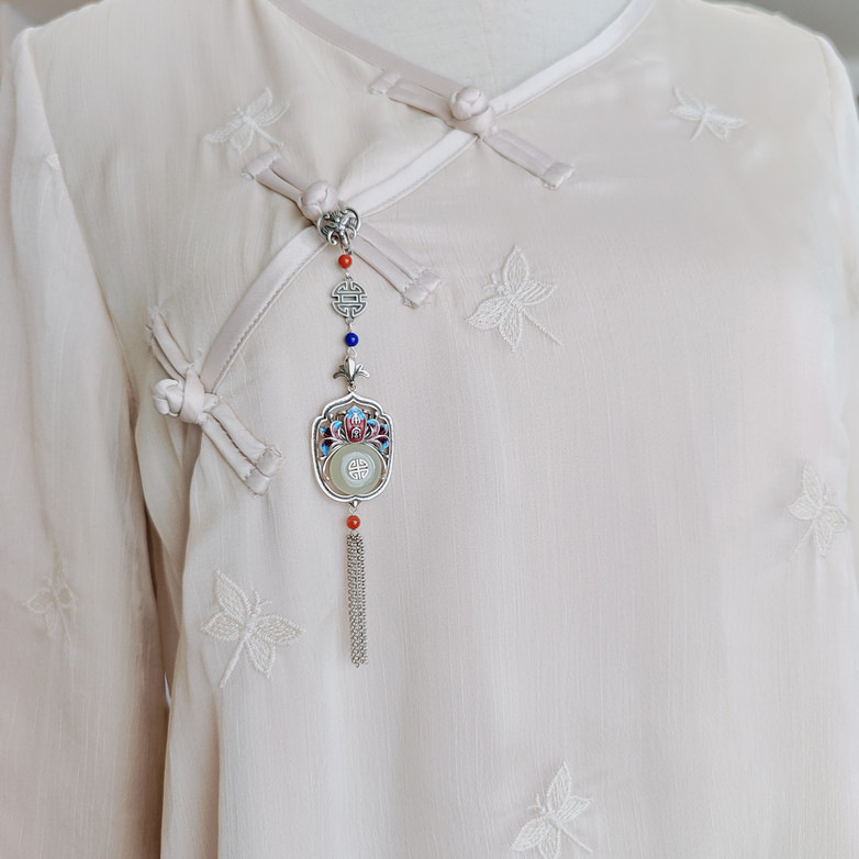 [Nangong Lotus Jade] Original Antiquity Hetian Jade Sterling Silver Cheongsam Garment Front Decorative Button Lotus Tassel Pendant Han Chinese Clothing Accessories