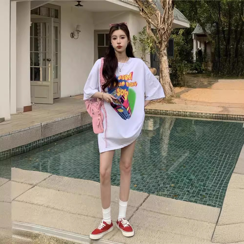 韩系休闲短袖下衣失踪t恤女中长款遮臀大码宽松t裙女印花学生女潮