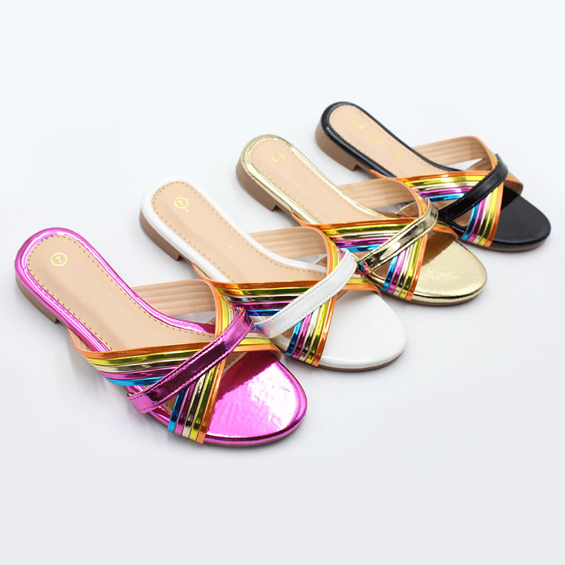 外贸拖鞋夏季新款欧美凉鞋多色拼细带平底女拖鞋fashion slippers