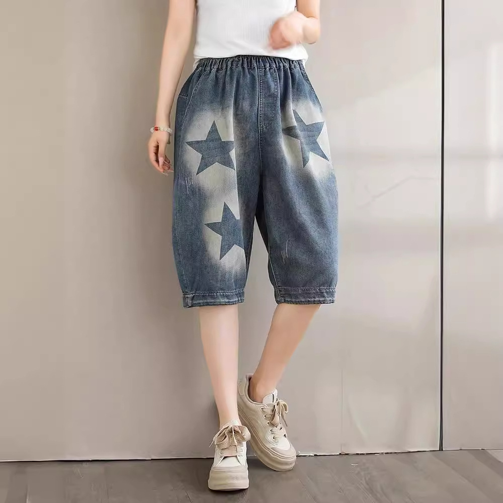 五角星牛仔六分裤 2024夏季新款 水洗磨白松紧腰宽松显瘦哈伦裤女