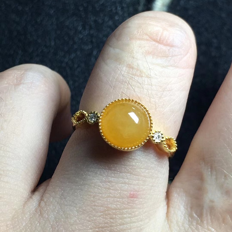 缅甸天然a货翡翠戒面高冰种满色黄翡圆形18k金镶玉蛋面戒指成品女