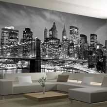 3D个性城市夜景壁纸办公室背景墙纸欧式黑白城市建筑简约客厅壁画