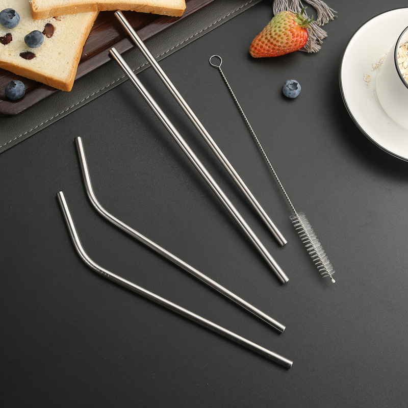 304 Stainless Steel Straw Milk Tea Drink Stirring Portable Gift Straight Pipe Elbow Metal Color Straw Set