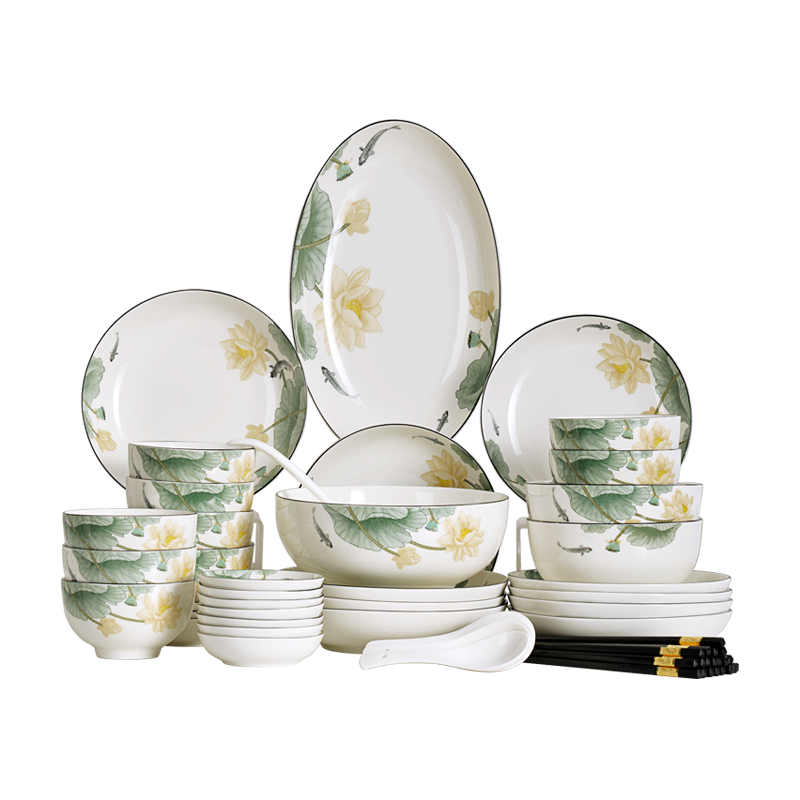 38n裕行套装碗盘家用陶瓷汤碗饭碗国风组合礼盒装餐具55头莲年有