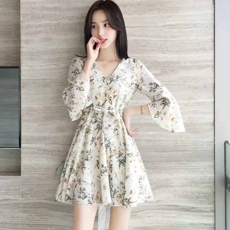 mid-short dress 2023 summer new high waist petite 150cm floral very fairy french skirt