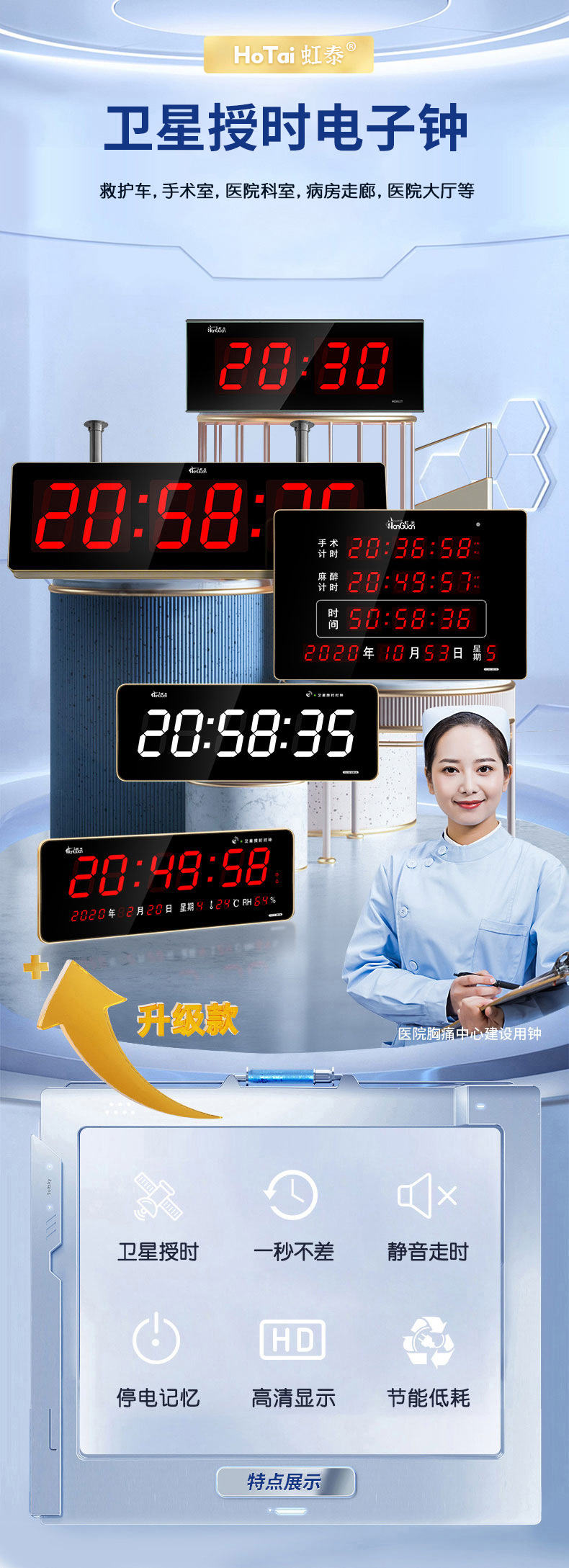 虹泰(hotai)医院胸痛中心定制款 4g授时同步时钟 led电子挂钟