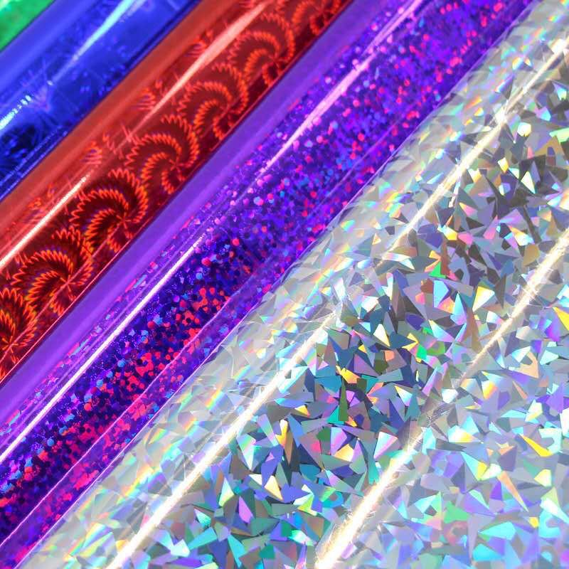 定制图案花纹pet透明镀铝镭射膜不干胶纸银色镀铝膜闪光膜包装纸