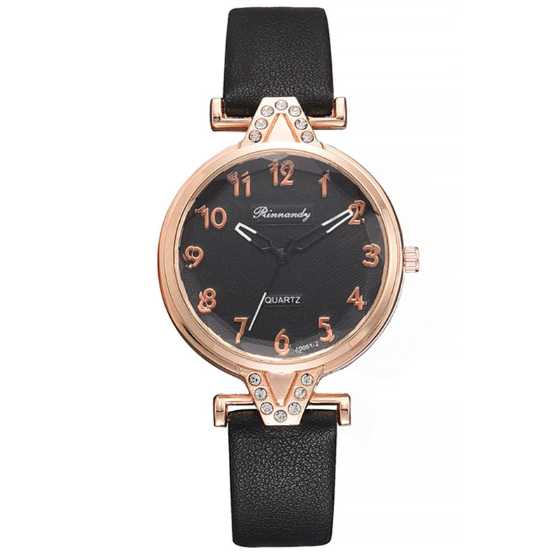 New Women's Belt Quartz Watch round Literal Rhinestone-Encrusted Female Student Pu Band Wrist Watch in Stock Wholesale