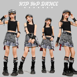 爵士舞女童hiphop表演服白色短袖牛仔裙潮装个性女孩练功服街舞装