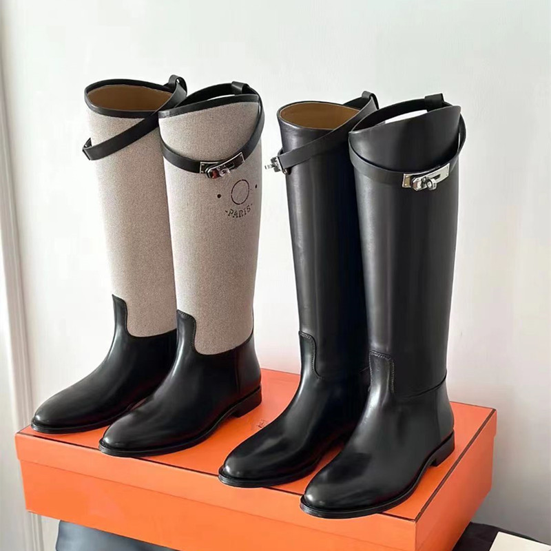 h家kelly帆布拼色高筒骑士靴2023秋冬平底直宽筒显瘦不过膝长筒靴