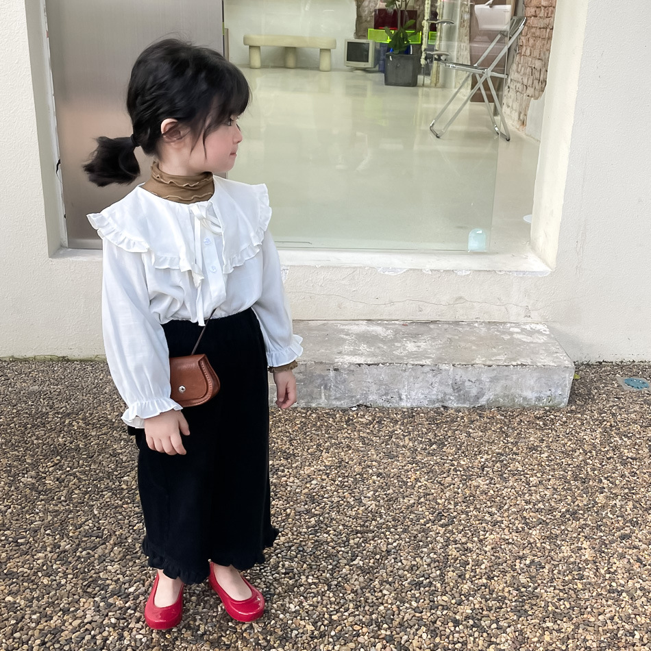 2021秋季新款童装 女童灯芯绒花边裤儿童宝宝宽松阔腿裤黑色长裤