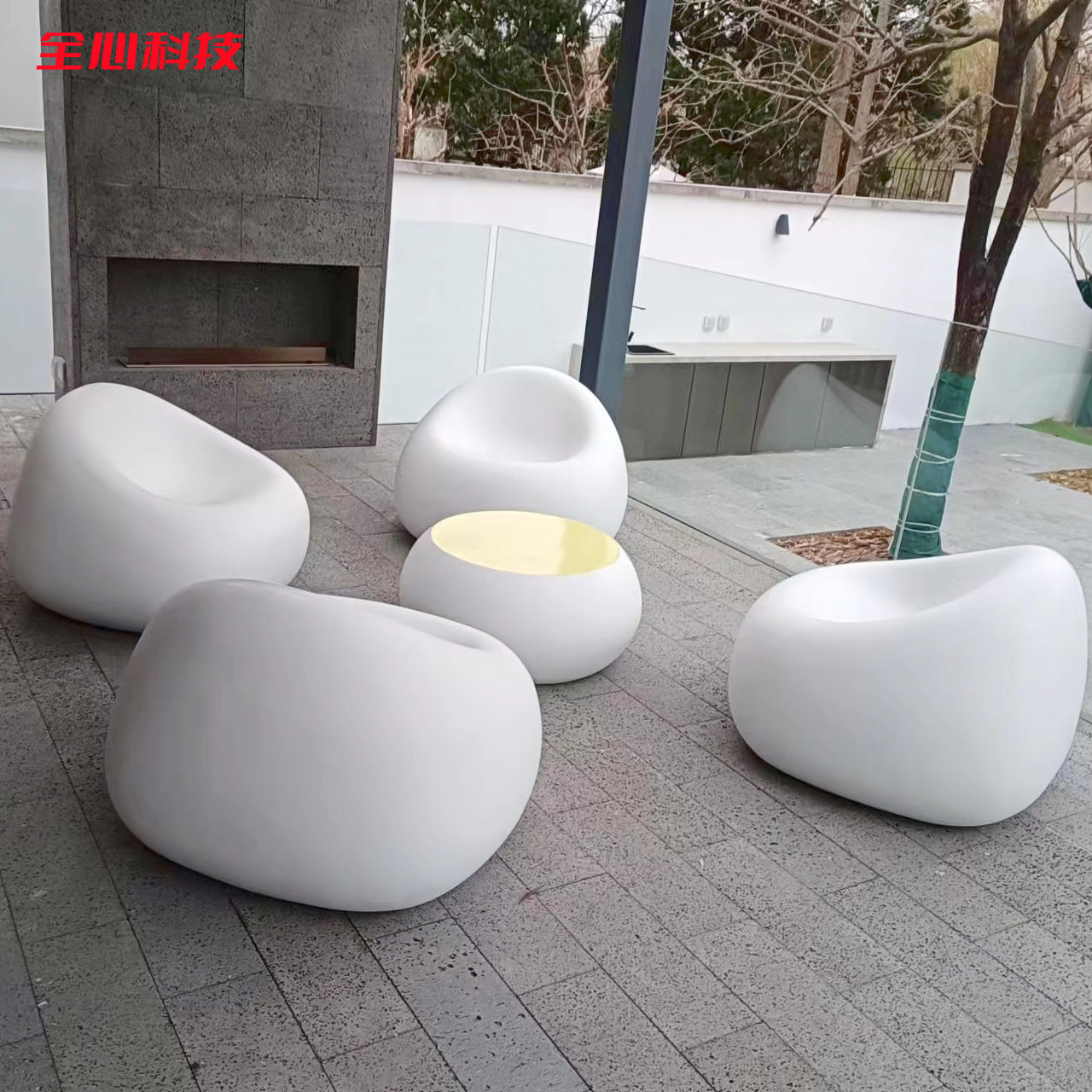 玻璃钢鹅卵石沙发商场庭院公园座椅户外坐凳茶几组合-阿里巴巴