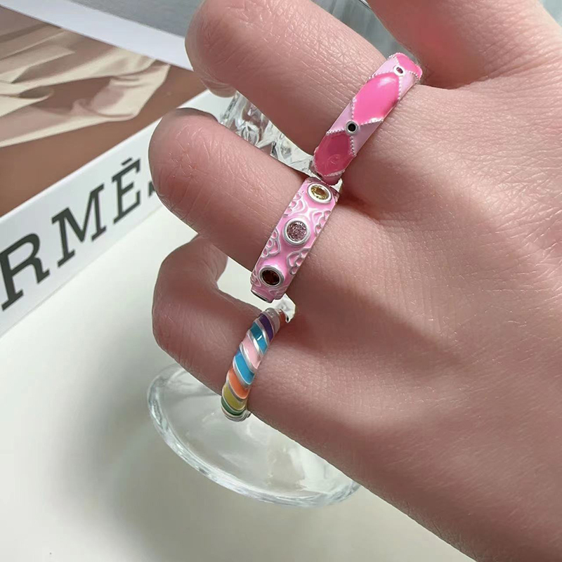 Middle Ancient Enamel Dripping Oil Ring Rhombic Rainbow Pink Inlaid Zirconium Switchable Index Finger Ring Little Finger Ring Dopamine Ring Ornament