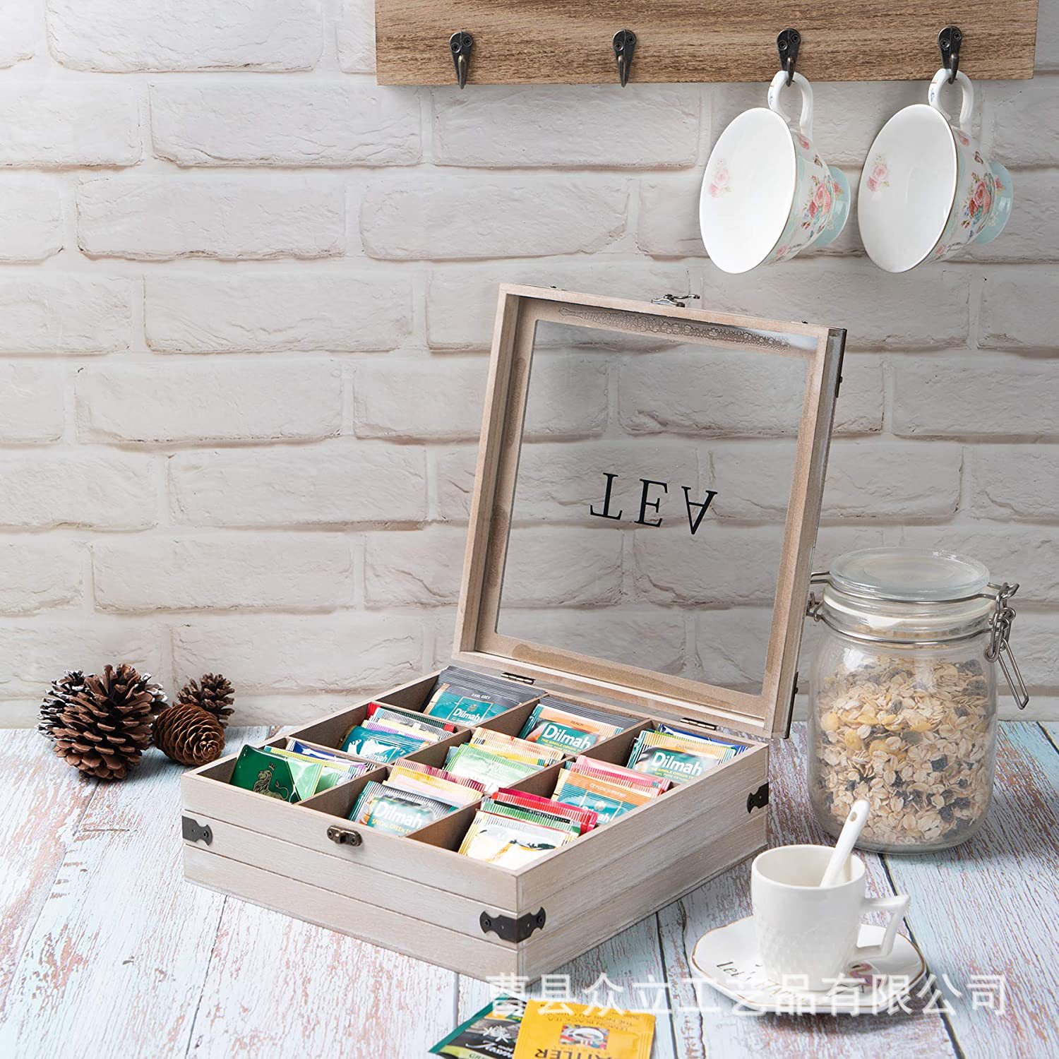 Wooden Box Wooden Tea Bag Storage Box with Grid Tea Storage Box Coffee Box Flip Wooden Box Packaging Storage Wooden Box Set