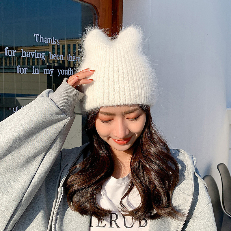 Warm Cat Ears Knitted Hat Rabbit Fur Fashion Travel Cute Hat Ins Confinement Cap Autumn and Winter Hat Female Woolen Cap