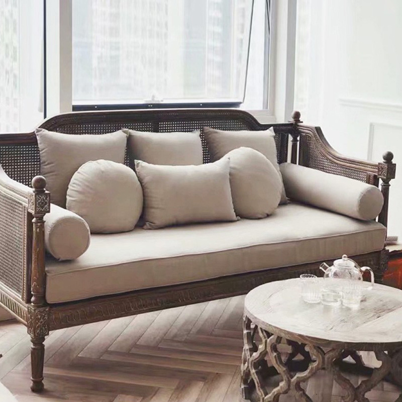 美式复古实木沙发三人位客厅法式桦木编藤做旧欧式雕花民宿沙发