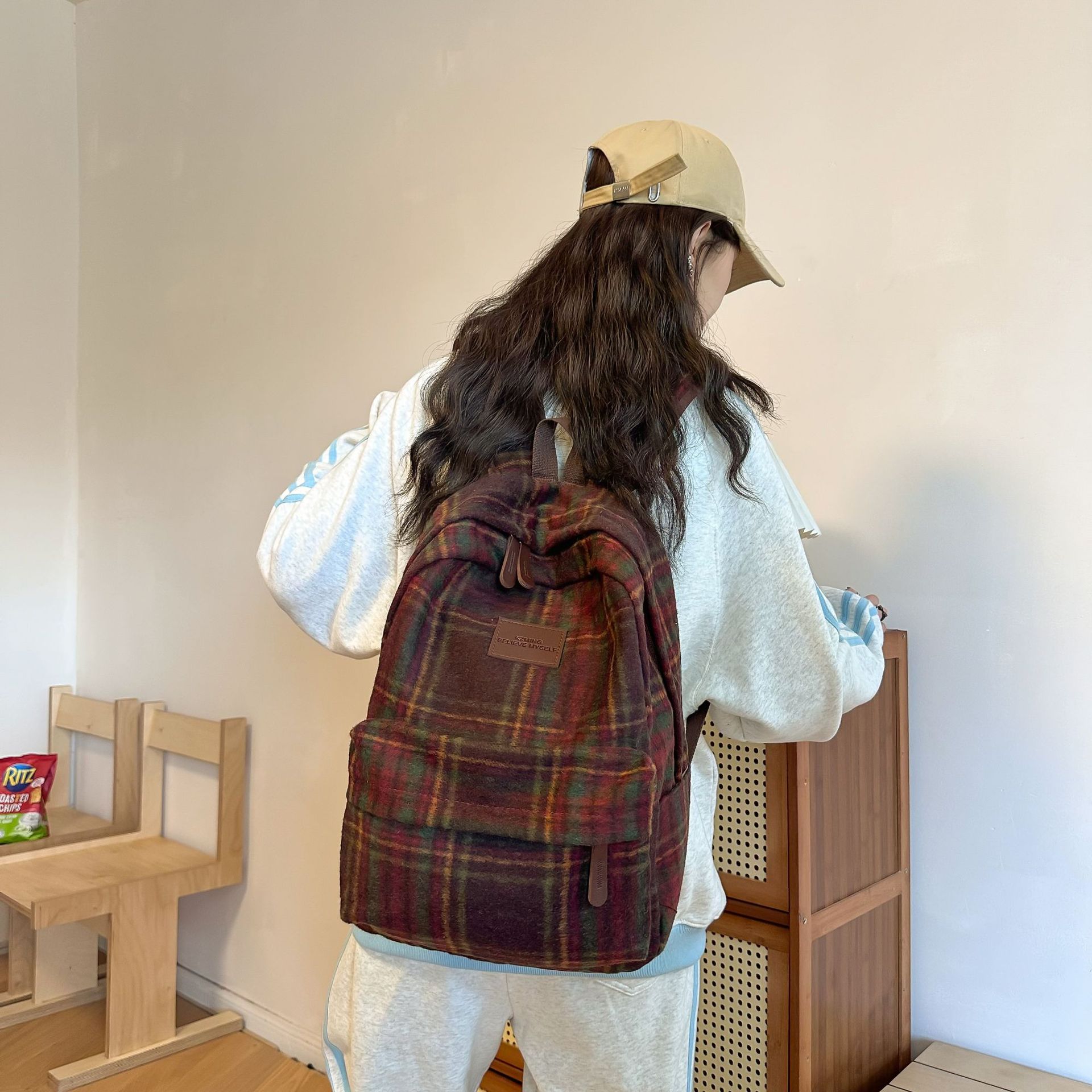 Autumn Winter Retro Checked Backpack Ins Crossbody High School Student College Students Bag Niche Travel Versatile Backpack