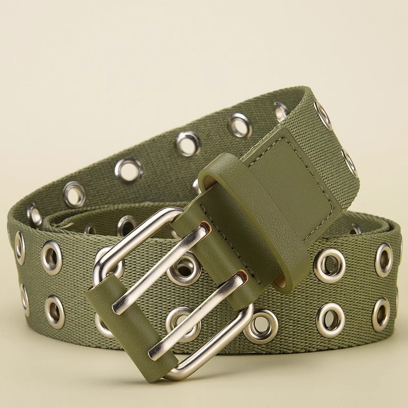 绿色布腰带双扣男女工装潮朋克双针扣双排扣裤带双孔青年帆布皮带