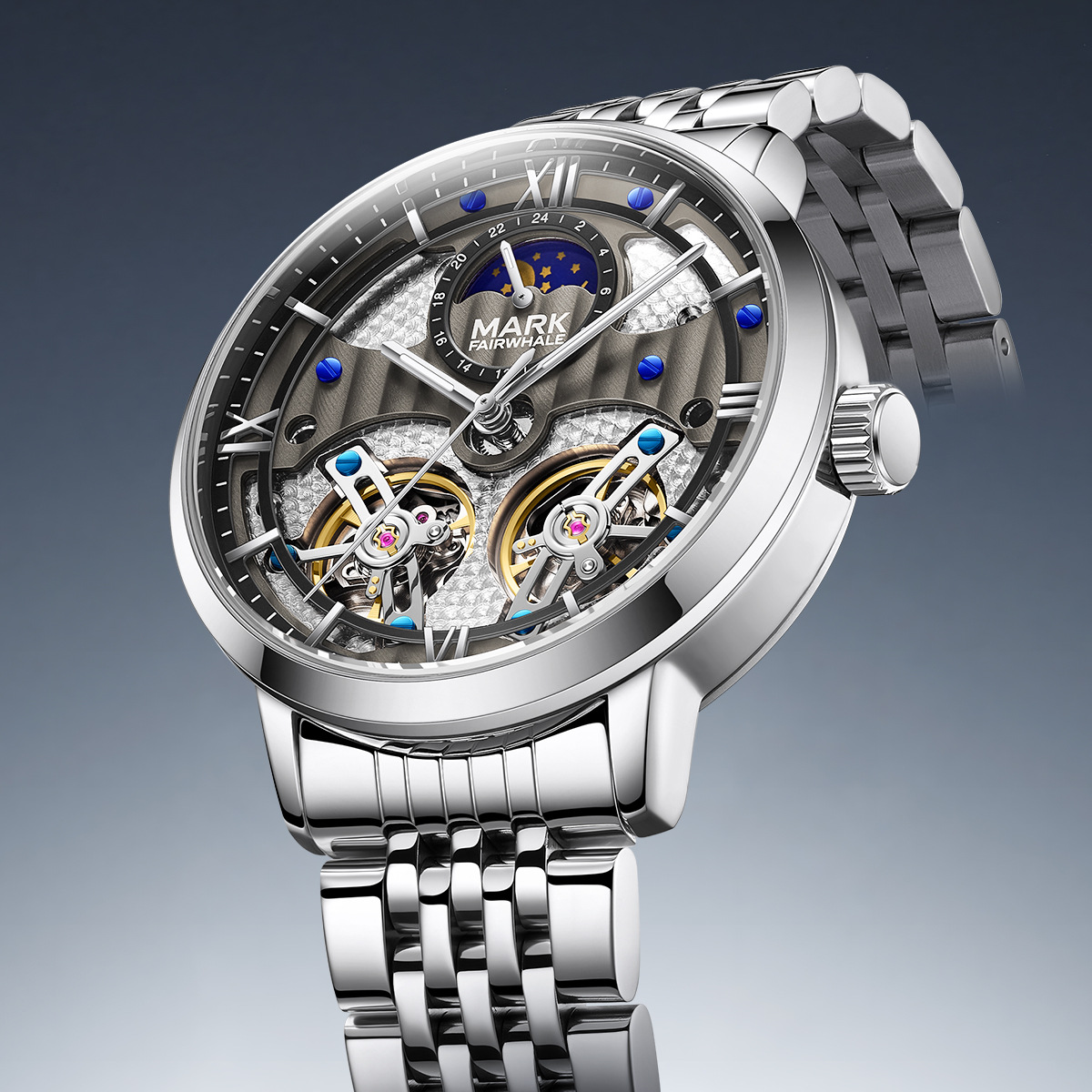 马克华菲/Mark Fairwhale手表全自动男款机械腕表钢带双飞轮外贸