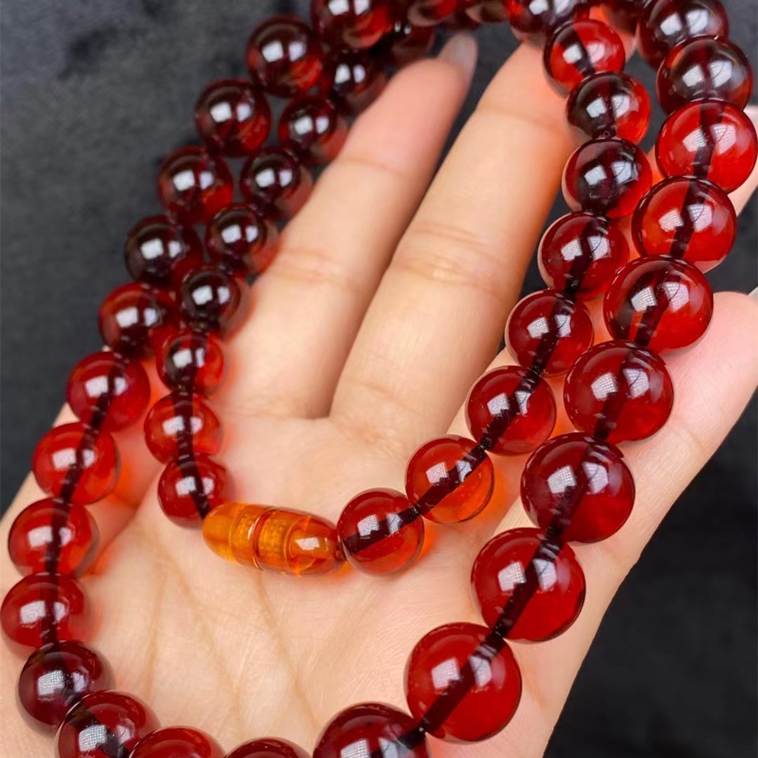 厂家批发蜜蜡血珀塔链 3a净水 女士时尚酒红色圆珠项链 直播货源