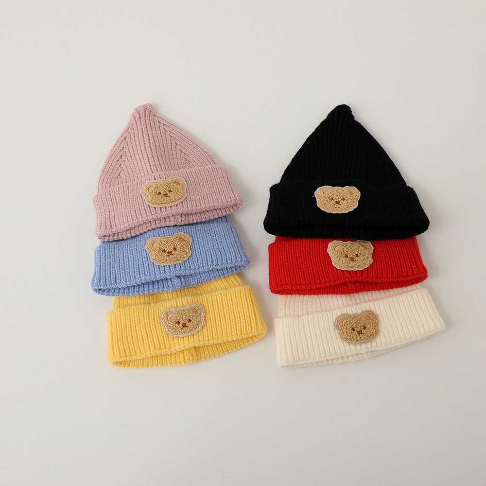 Cross-Border Children's Hat Cute Bear Baby Knitted Hats Autumn and Winter Candy Color Kid Baby Wool Cone Hat