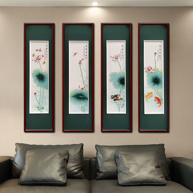 景德镇陶瓷画手绘瓷板画四条屏中式挂画实木背景墙壁画装饰画定制