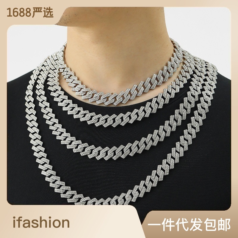 Xuan Dioumei Popular Men's Necklace 15mm Exaggerated Diamond-Embedded Geometric Hipster Hip Hop Ear Accessories Daikin Chain Necklace