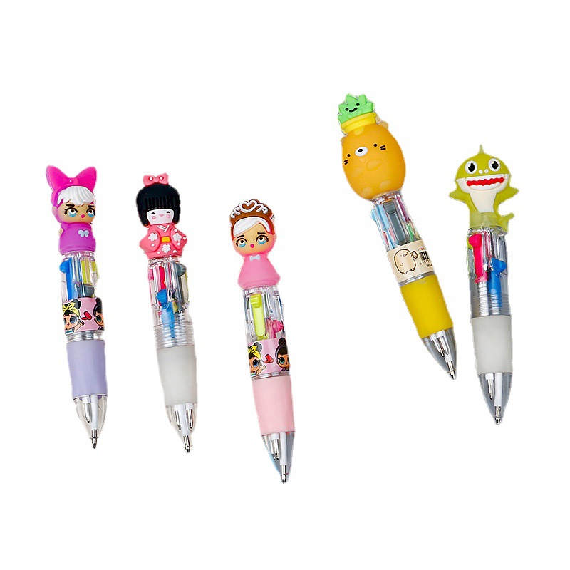 Cute Cartoon Mini Four-Color Ballpoint Pen Silicone Short Pen Easy to Carry 4 Color Pen Student Journal Multi-Color Ballpoint Pen