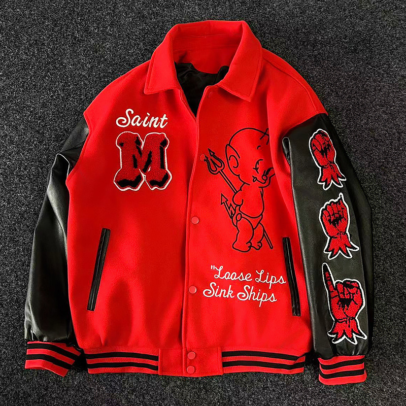 ac米兰高街棒球服夹克情侣美式复古潮牌刺绣毛呢外套男女飞行服秋