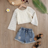 2022 A summer Children's clothing Lace Hollow ventilation Sunscreen jacket Washed cowboy hole shorts Girls Children suit