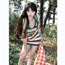 韩版高级感撞色条纹针织连衣裙女夏季修身显瘦高级感休闲百搭裙子