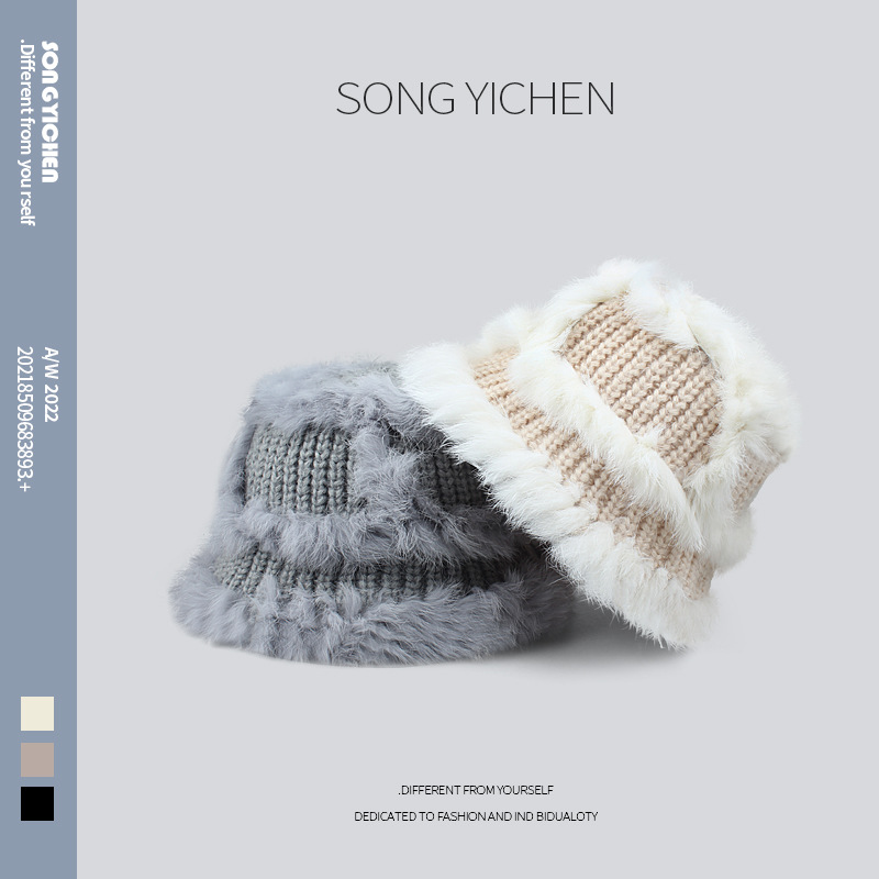 New Rabbit Fur Xingshi Bucket Hat Female Winter Warm Face Small Plush Knitted Hat Female Cute Bucket Hat